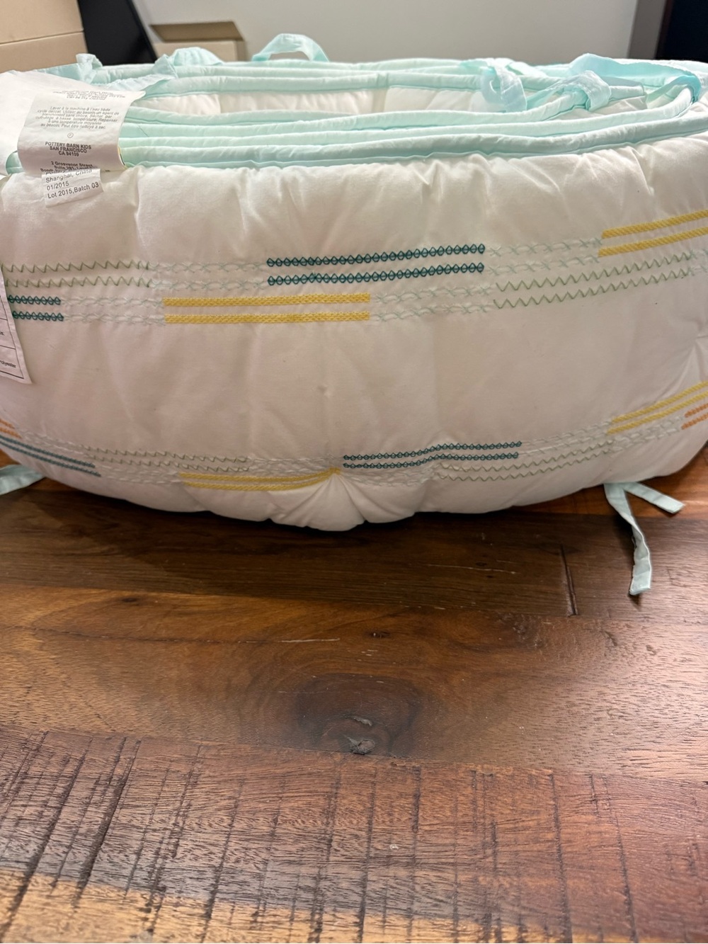 Pottery Barn Kids White Baby Nest with Mint Trim and Yellow Teal Stitching